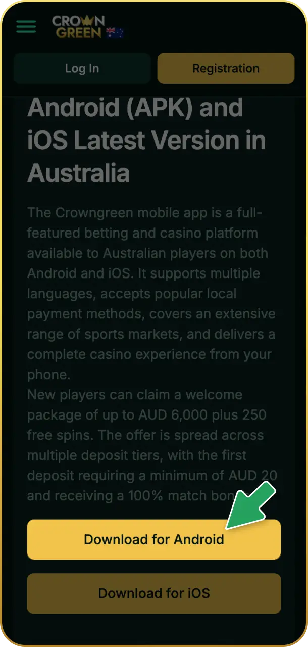 Download the APK file to begin setup for the Crowngreen app.