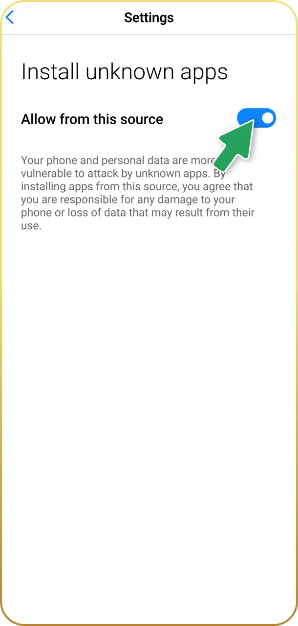 Enable installation from unknown sources in settings for the Crowngreen app.