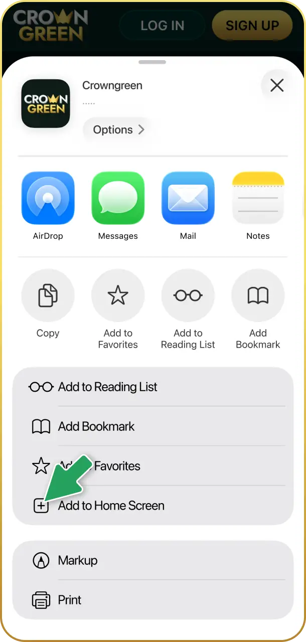 Select Add to Home Screen to create a shortcut for the Crowngreen app.
