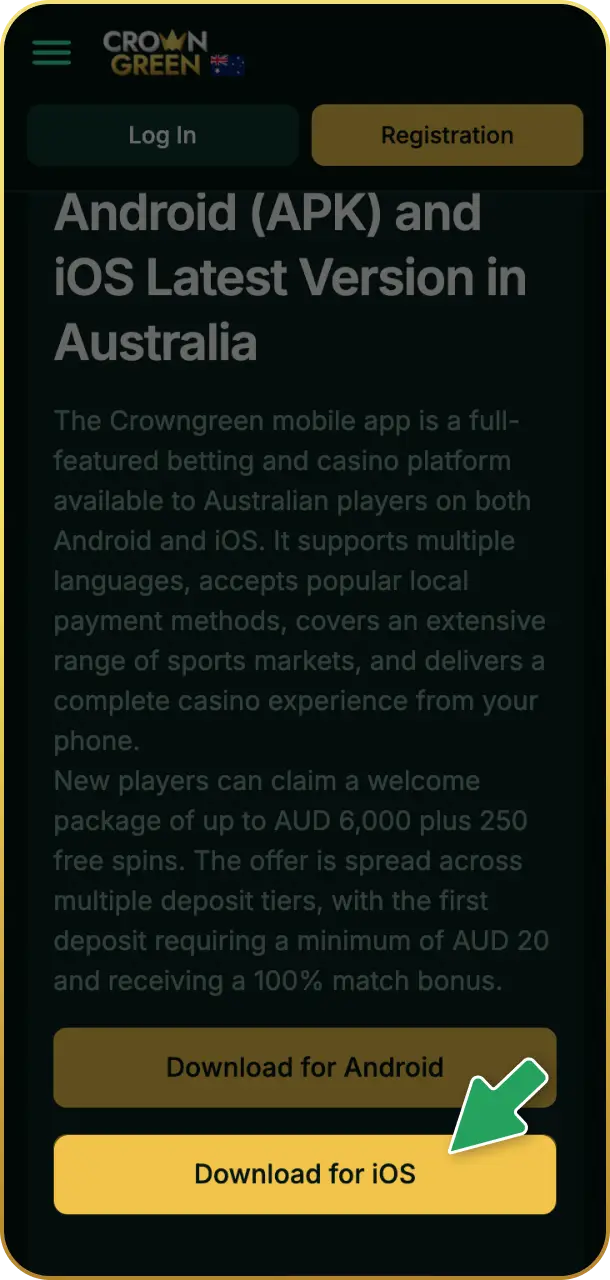 Open this page in Safari to prepare for installing the Crowngreen app.