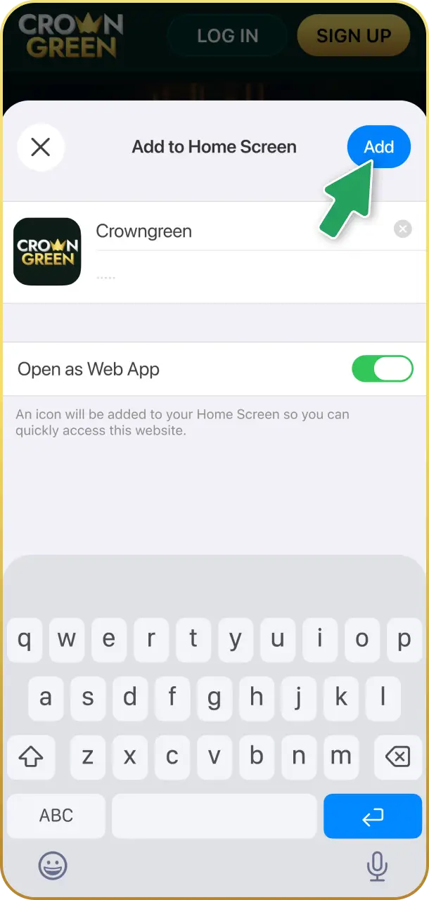 Confirm and name the icon to finalize adding the Crowngreen app.