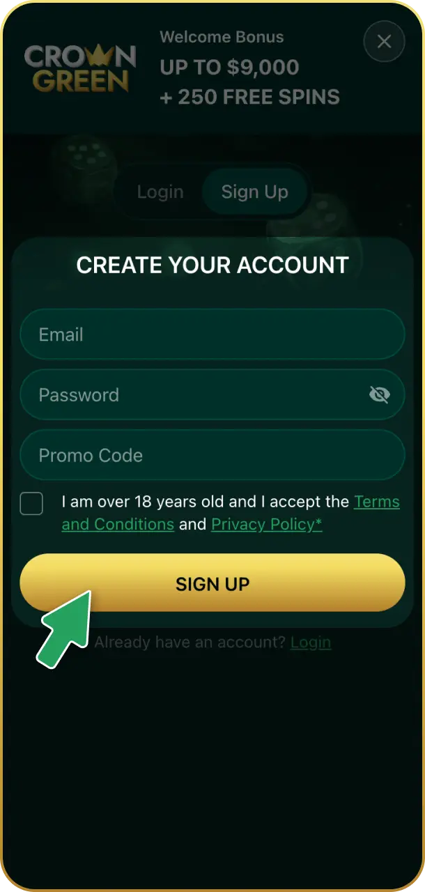 Log in or register a new account to start using the Crowngreen app.