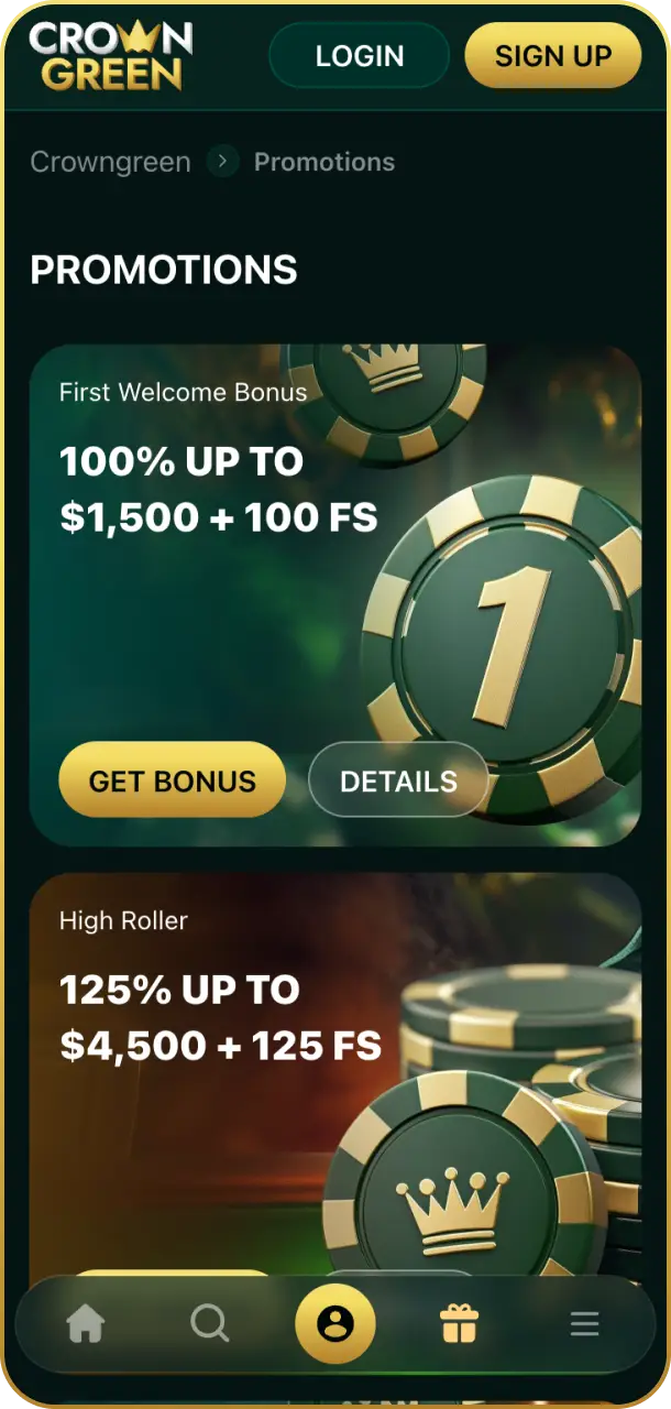 Check available promotions and claim your rewards on the Crowngreen app interface.