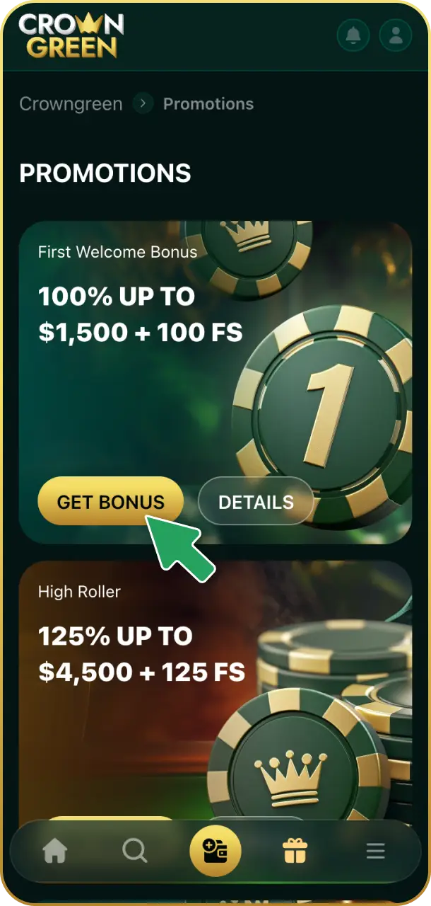 Claim your welcome bonus to boost your starting bankroll on Crowngreen live casino.