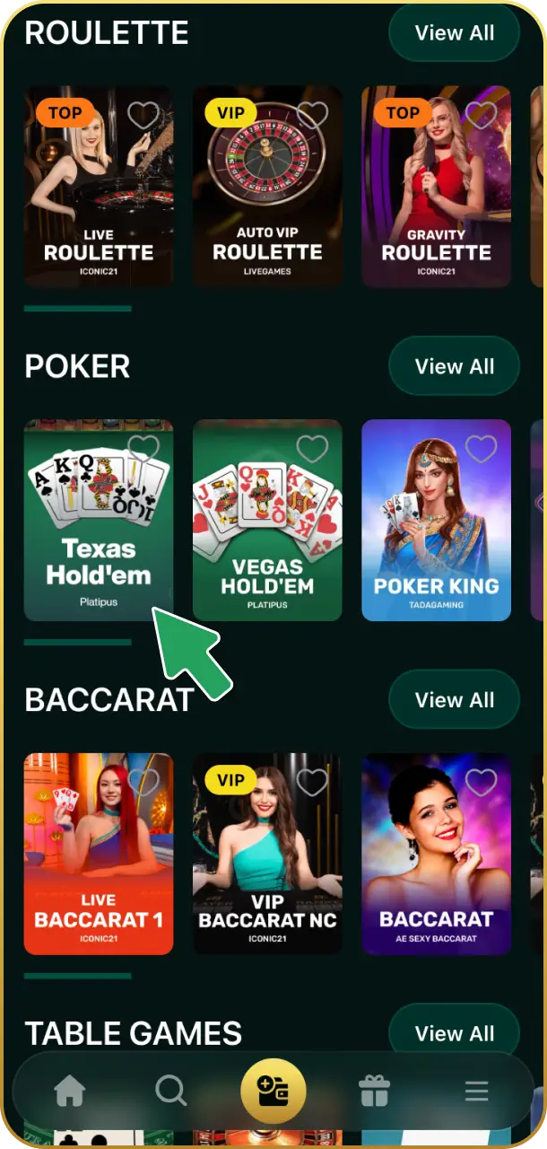 Open the live casino section and select a table on Crowngreen live casino.