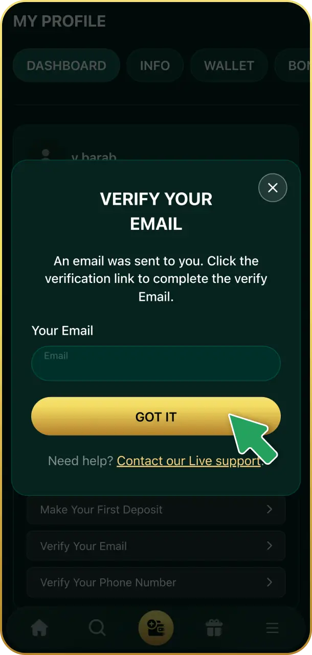 Verify your account to complete identity checks on Crowngreen live casino.