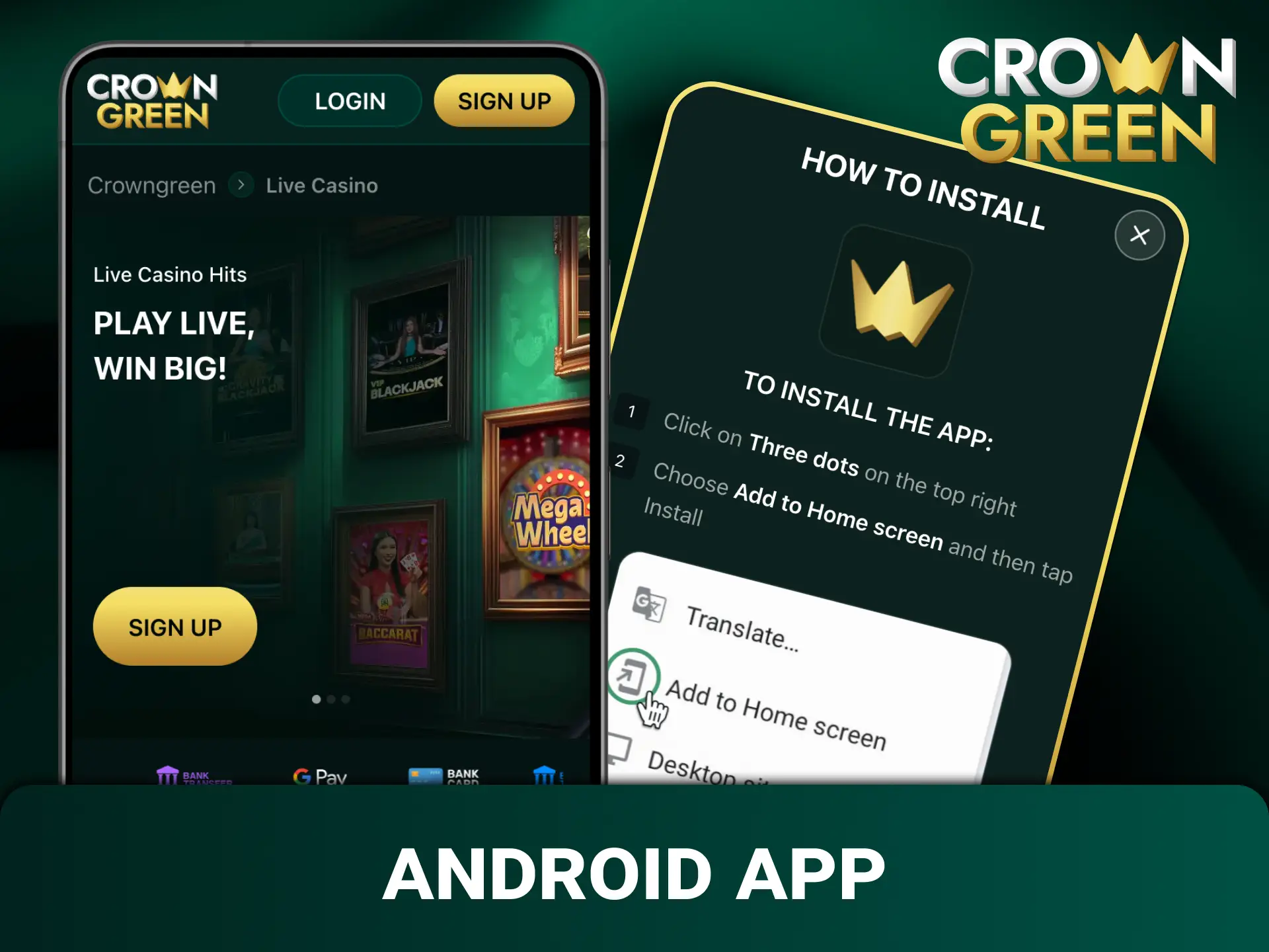 Download the Crowngreen casino Android app to play on your mobile device.