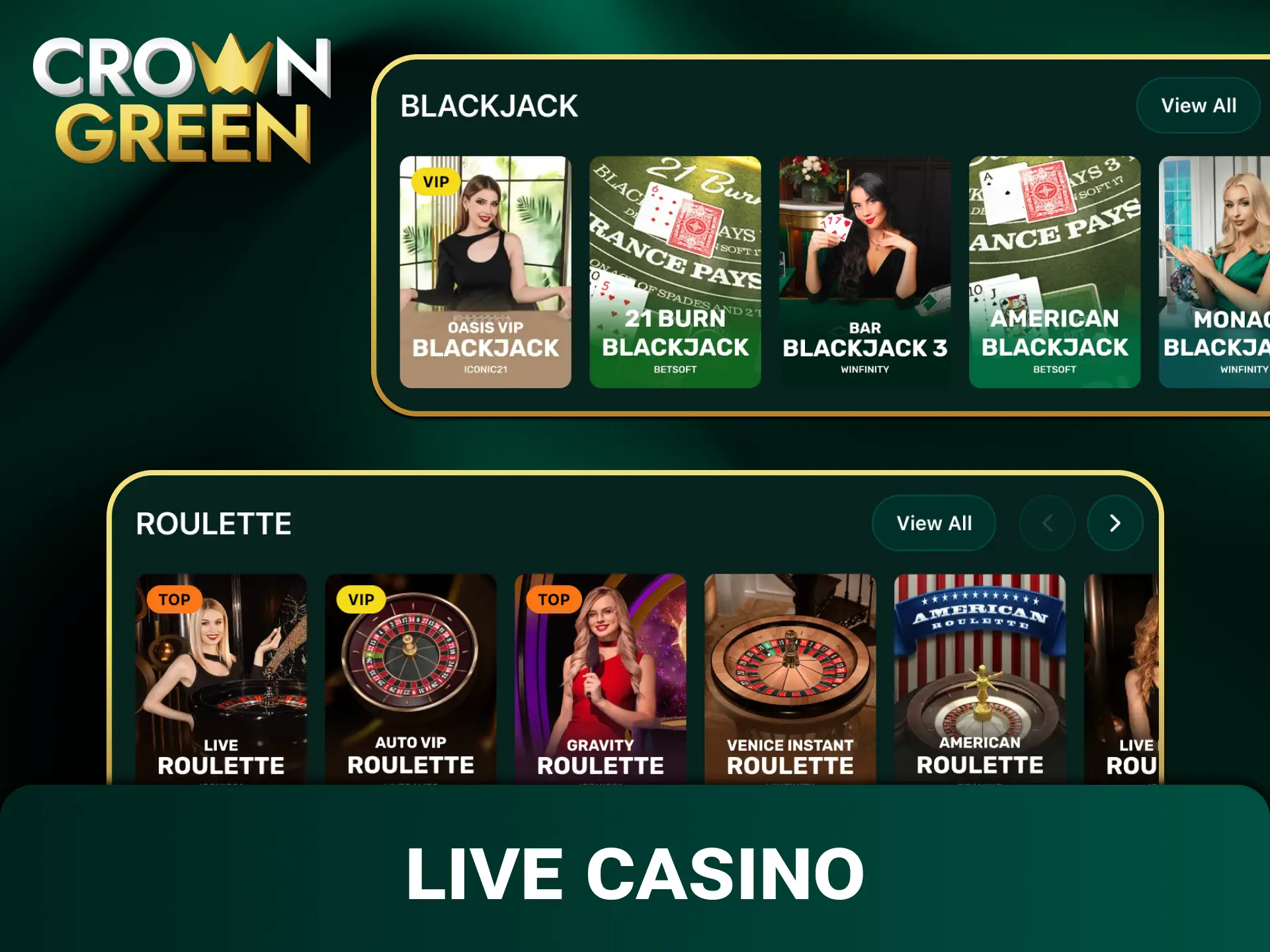 Play real-time table games with professional dealers at Crowngreen casino.