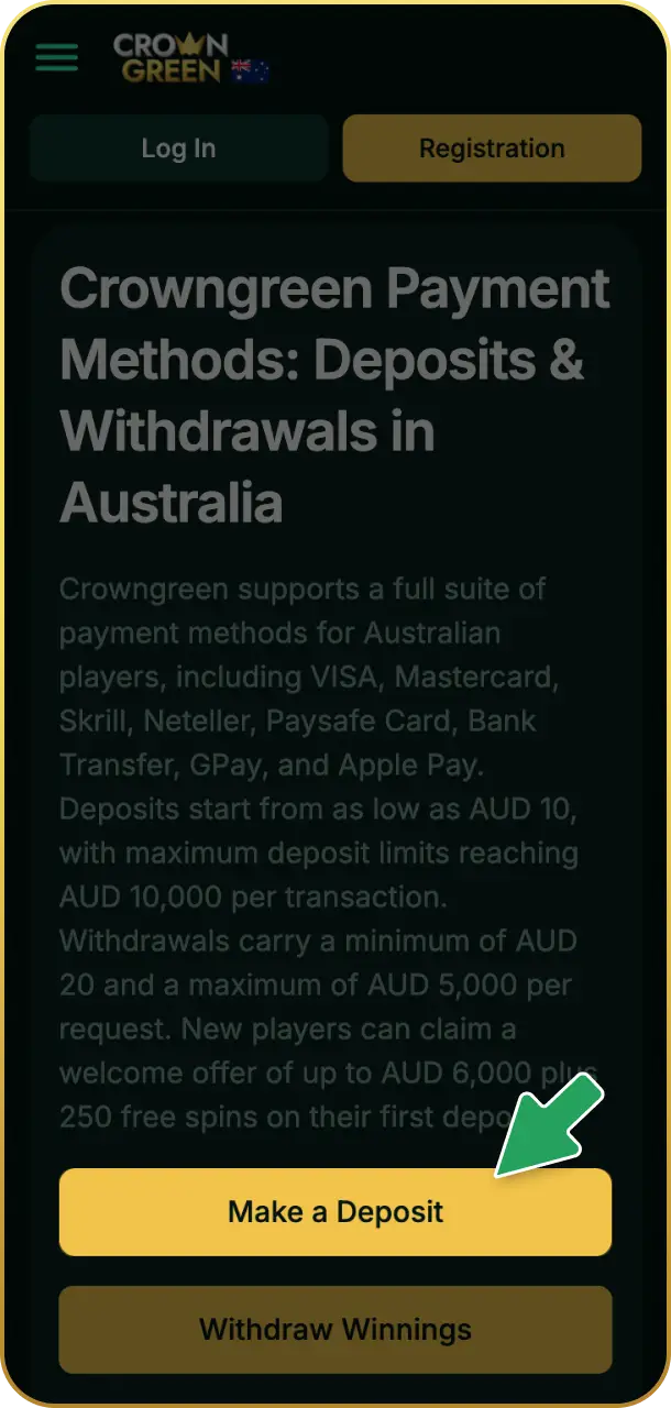 Click the button below to register or log in on Crowngreen payments.