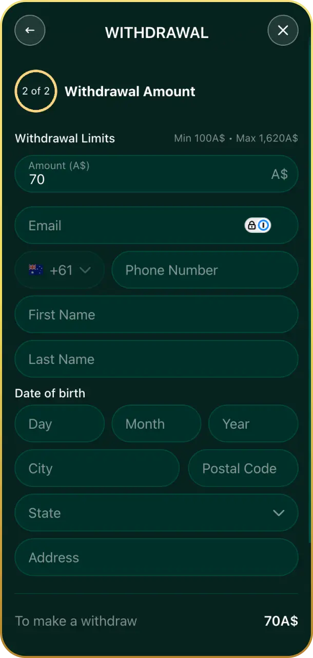 Enter the withdrawal amount to specify your cashout on Crowngreen payments.