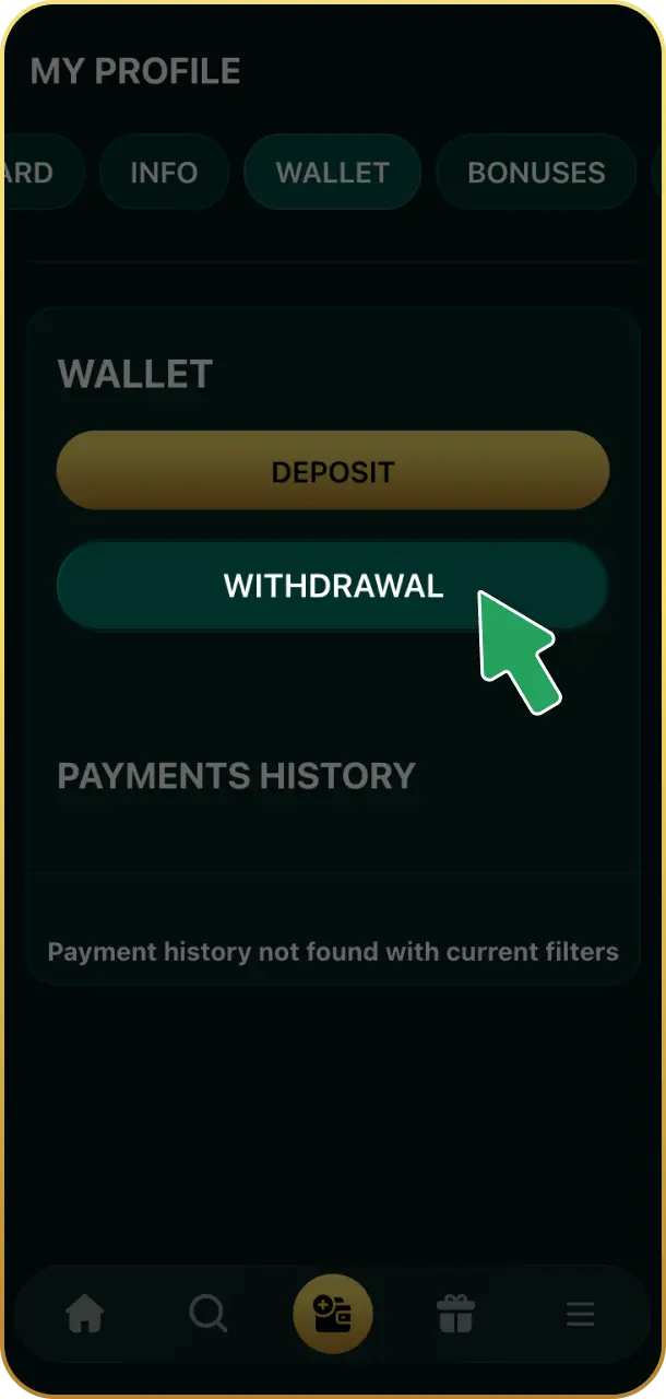 Open the cashier and navigate to the withdrawal section on Crowngreen payments.