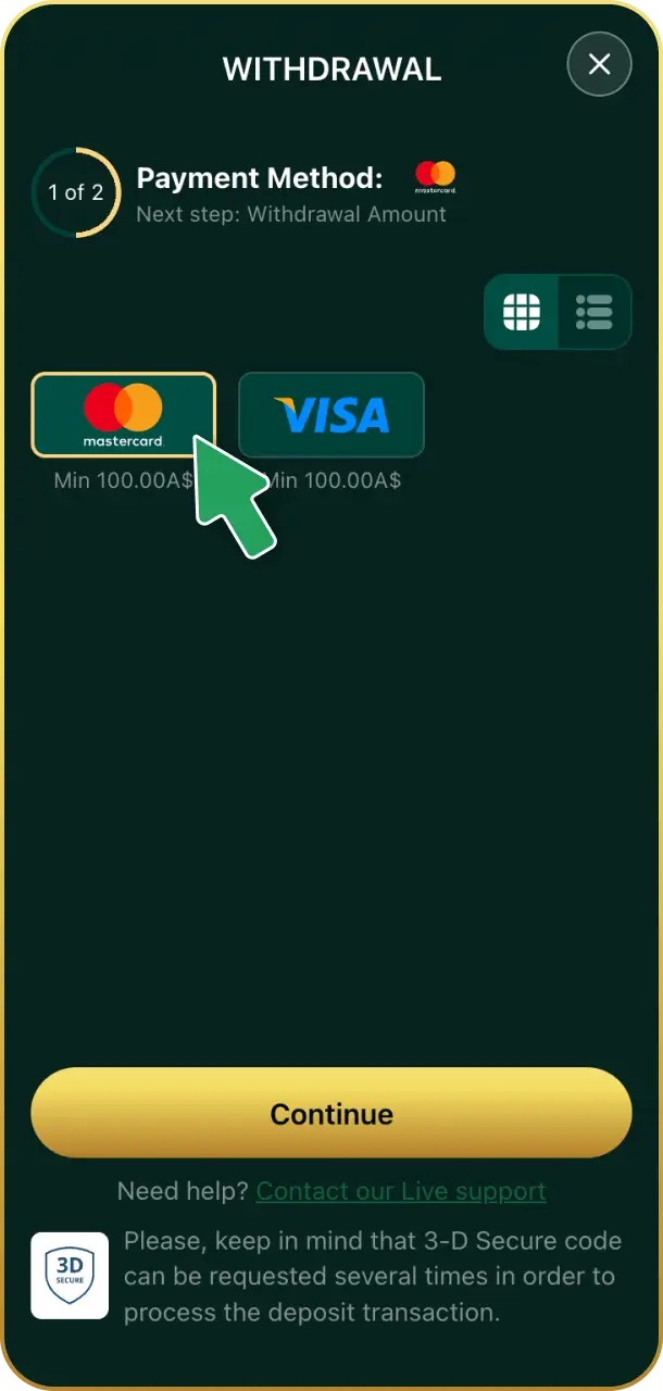 Select your preferred payout method on Crowngreen payments.