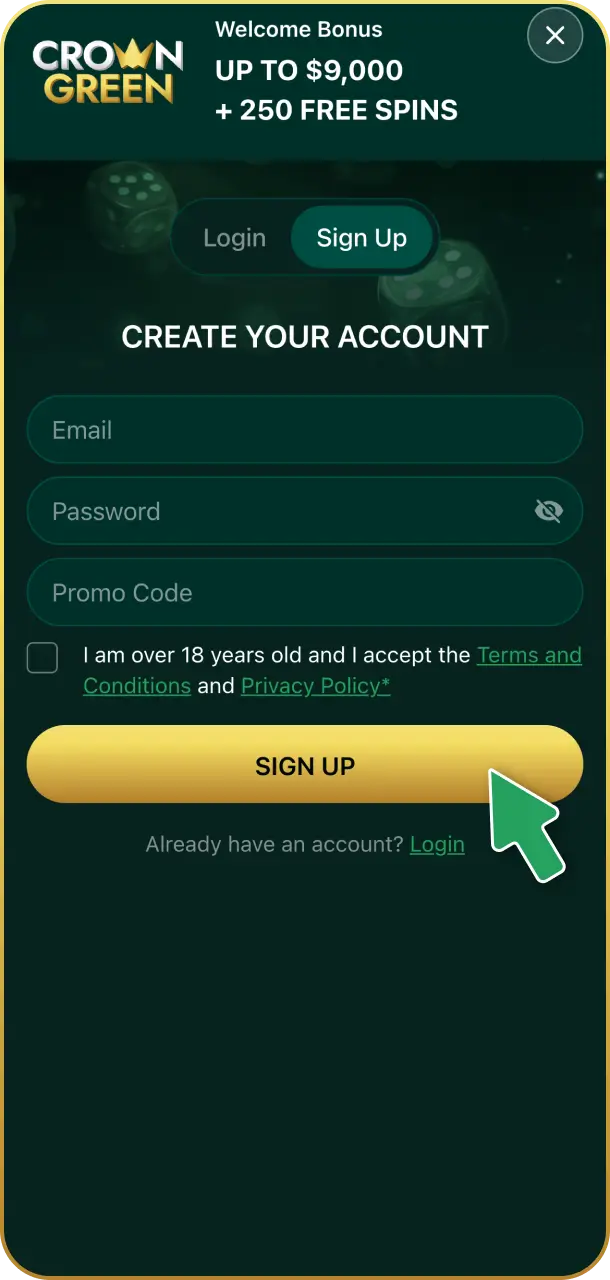 Create your account quickly to begin on Crowngreen registration.