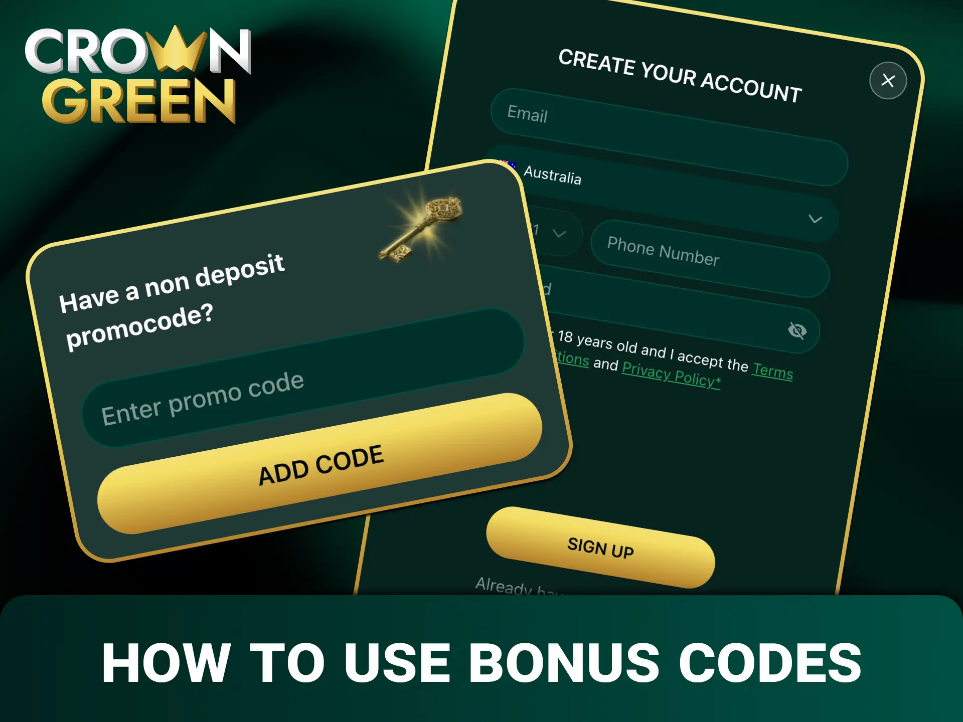 Apply promo codes step by step to activate rewards on Crowngreen registration.
