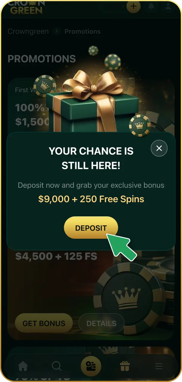 Claim your welcome bonus to kickstart your gaming on Crowngreen registration.