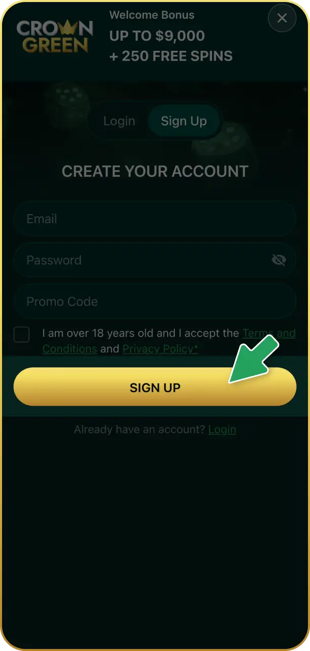 Confirm and submit your details to finalize your account on Crowngreen registration.
