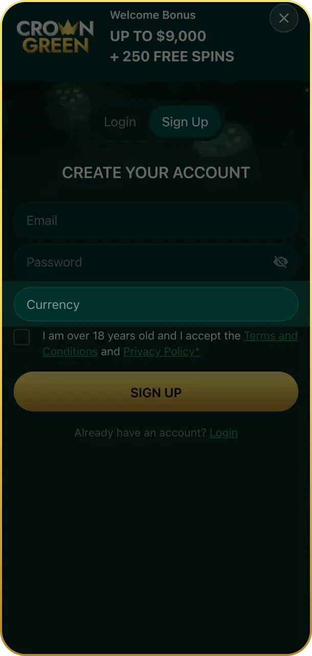 Select your currency for hassle-free transactions on Crowngreen registration.