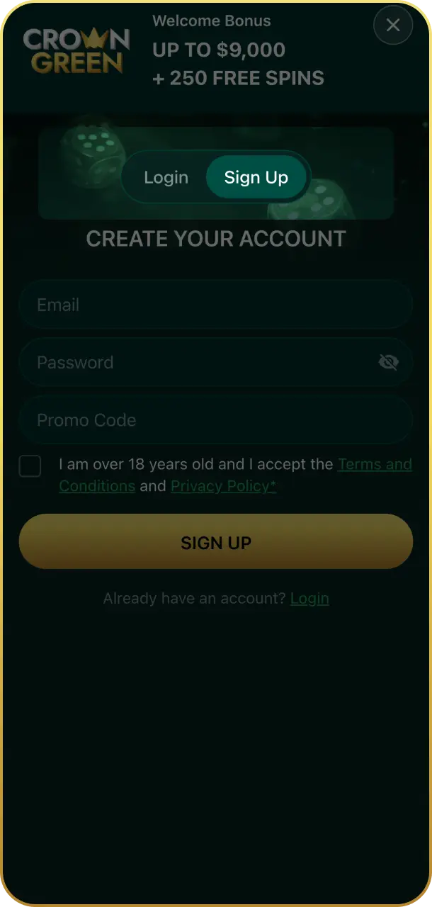 Choose your preferred registration method to create your account on Crowngreen registration.