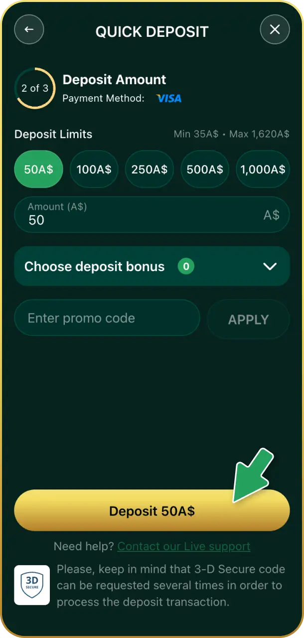 Make a deposit to fund your gaming balance on Crowngreen slots.