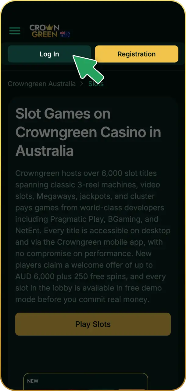 Log in to your account securely to access Crowngreen slots.